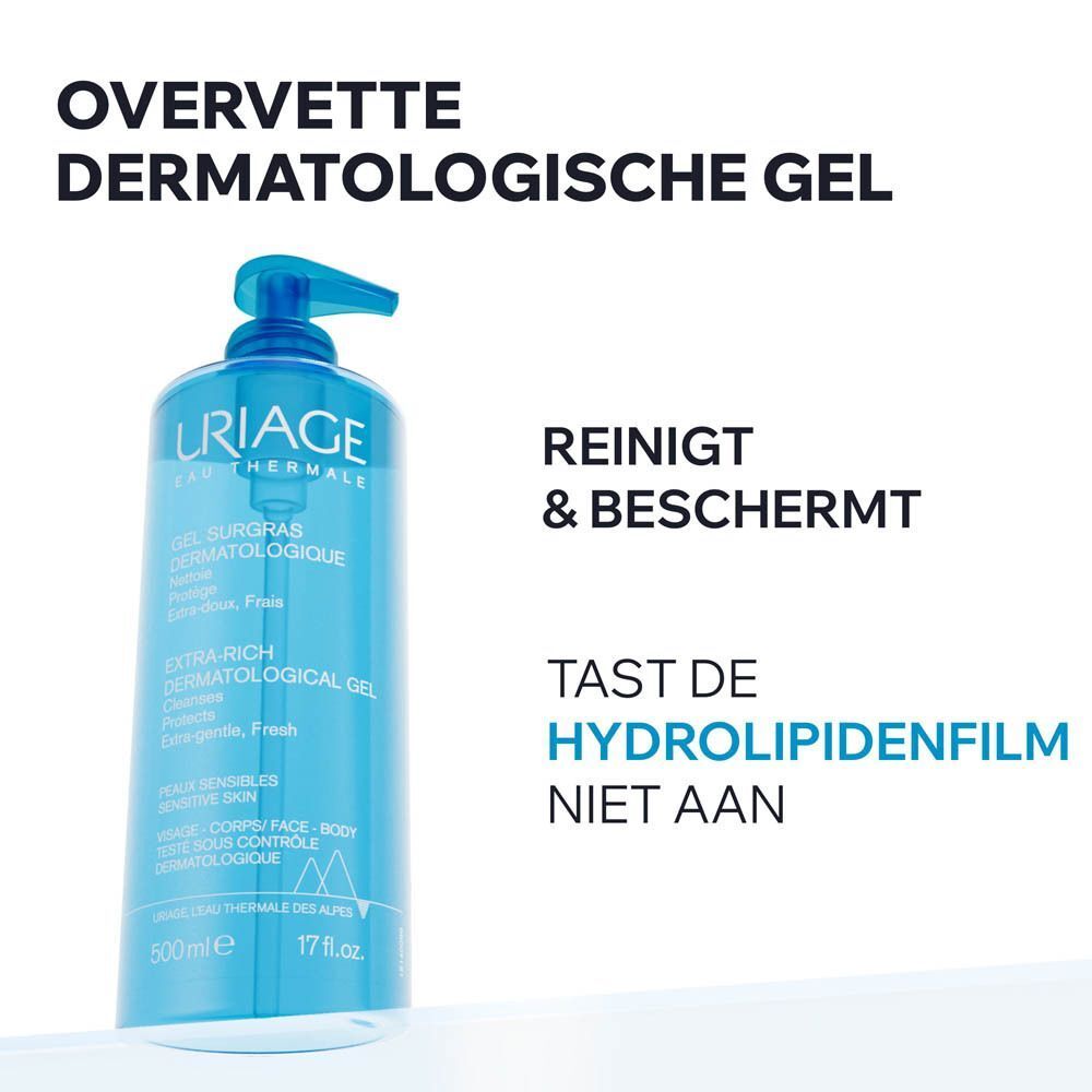 Een blauwe fles Uriage Gel Surgras Dermatologisch met pomp. 500 ml.