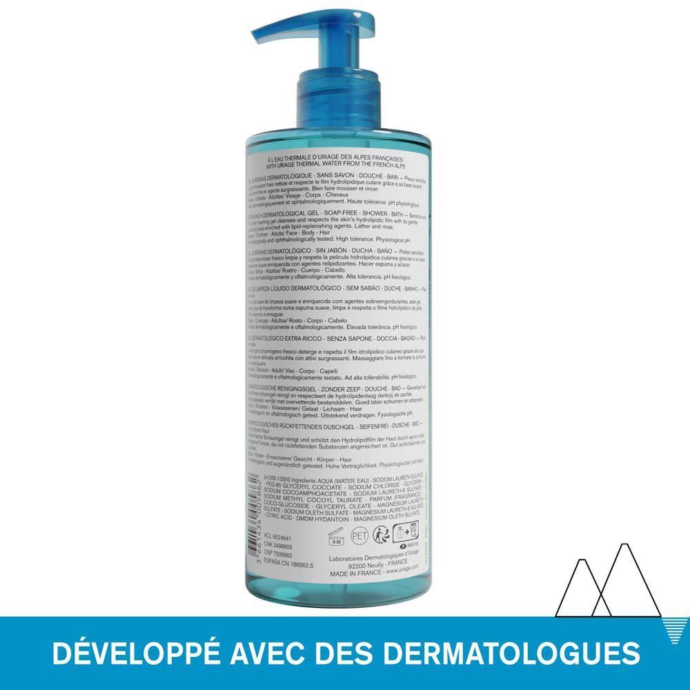 Paysage avec montagnes et lac. Texte : Testé dermatologiquement, adapté à tous les types de peaux, sans savon, pH physiologique.