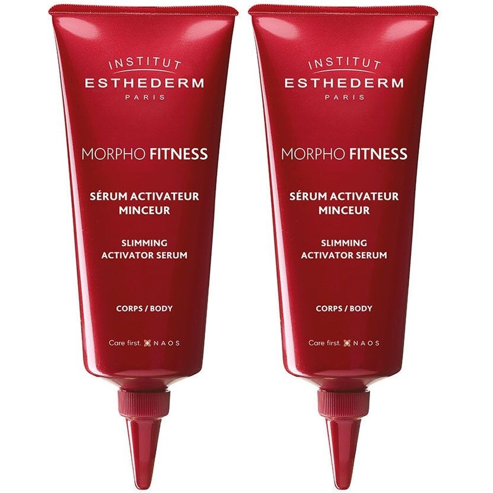Twee tubes INSTITUT ESTHEDERM Morpho Fitness serum. Rode tubes met witte tekst. Productnaam en tekst in het Frans.