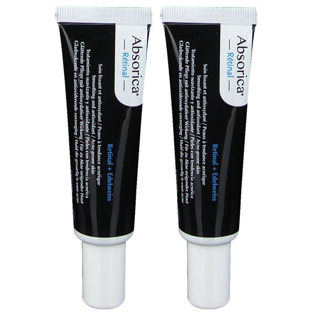 Twee tubes Absorica Rétinal. Zwarte tubes met witte tekst. Bevat retinal en edelweiss. Voor de acne gevoelige huid.