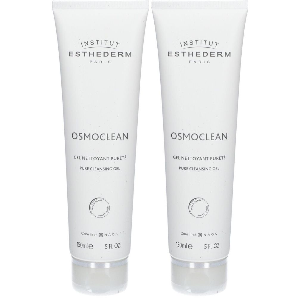 Deux tubes de gel Osmoclean Nettoyant Pureté. Blanc, avec inscription Institut Esthederm Paris. 150ml.