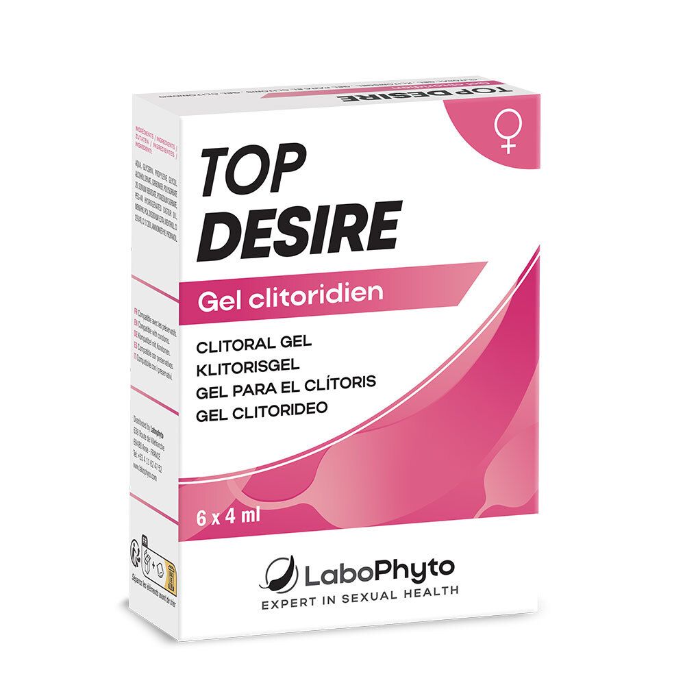 Verpakking "TOP DESIRE Gel clitoridien". Witte en roze doos met productnaam en logo.