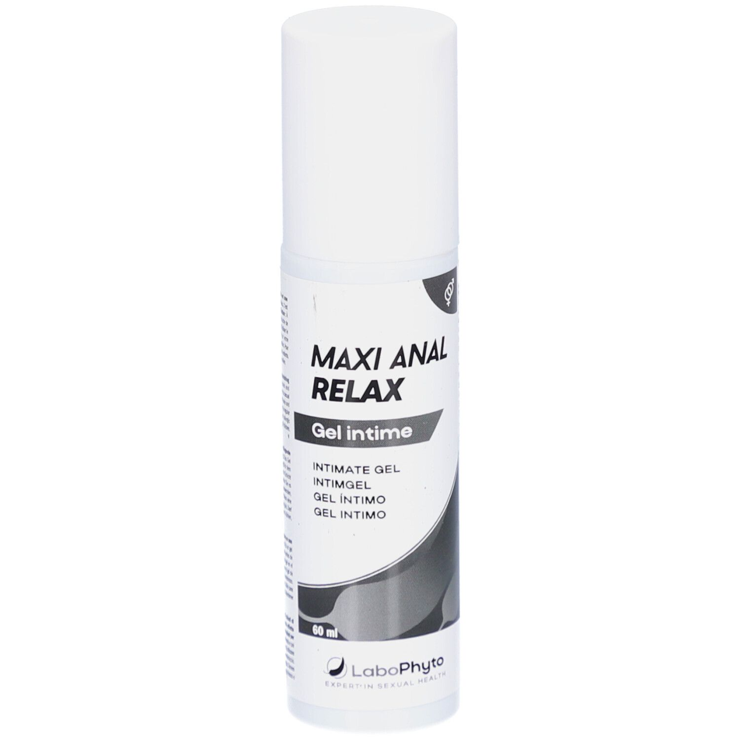 Flacon blanc avec texte MAXI ANAL RELAX. Gel intime. Logo LaboPhyto.