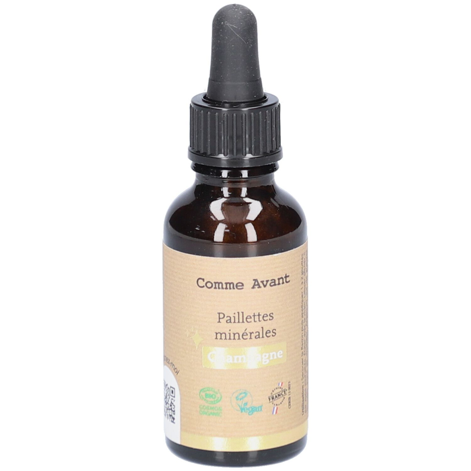 Bruine glazen fles met zwarte druppelaar. Etiket met productnaam en logo. Vegan- en bio-keurmerken.