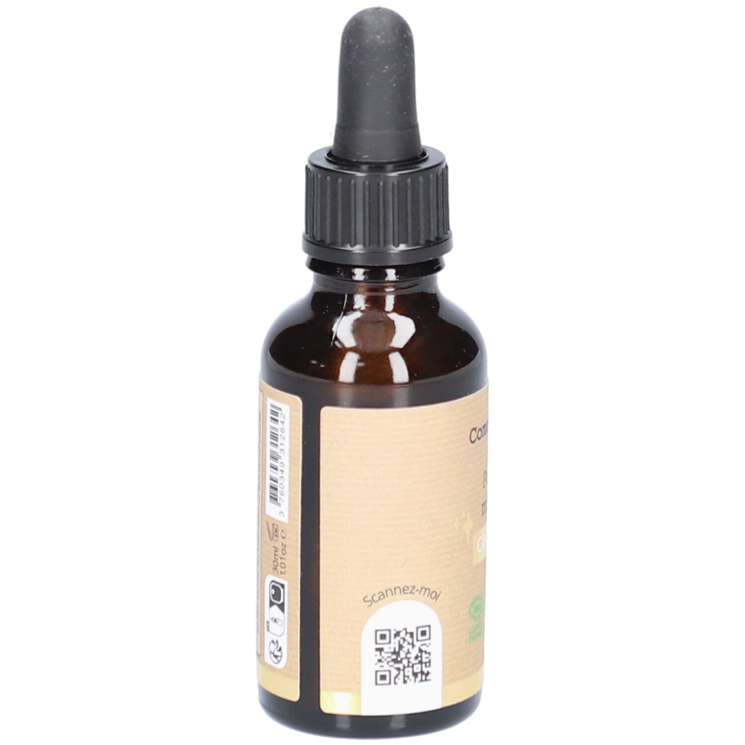 Bruine glazen fles met zwarte druppelaar. Etiket met barcode en QR-code. Vegan- en bio-keurmerken.