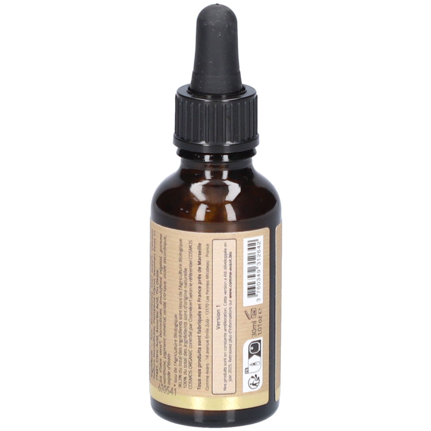 Bruine glazen fles met zwarte druppelaar. Etiket met tekst en QR-code. Vegan- en bio-keurmerken.