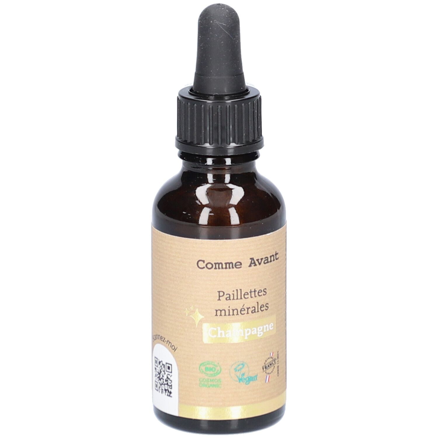 Bruine glazen fles met zwarte druppelaar. Etiket met productnaam en logo. Vegan- en bio-keurmerken.