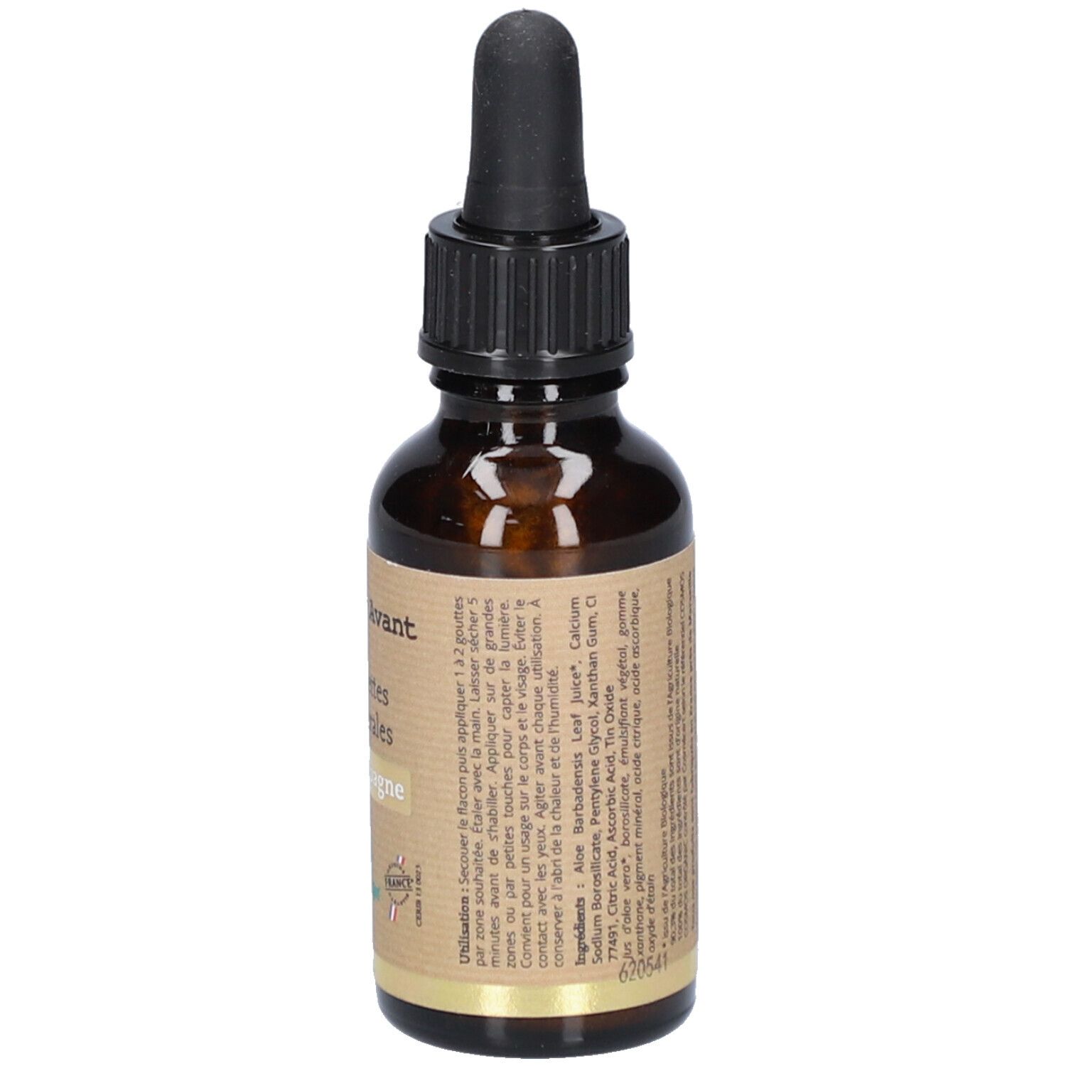 Bruine glazen fles met zwarte druppelaar. Etiket met productnaam, ingrediënten en logo. Vegan- en bio-keurmerken.