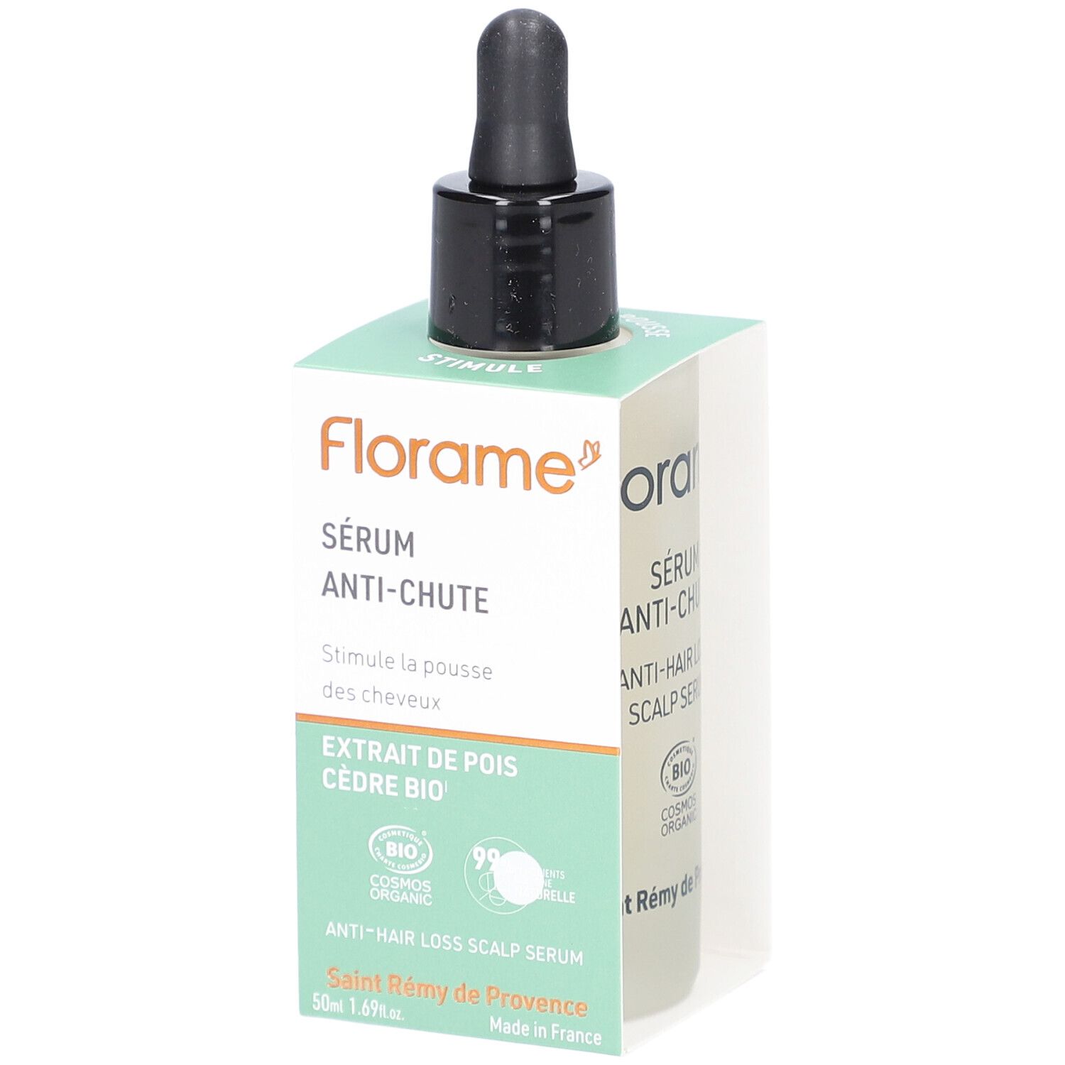 Flacon de sérum avec compte-gouttes et emballage. Inscription : Sérum Anti-Chute, Extrait de pois, Cèdre Bio. Certification bio.