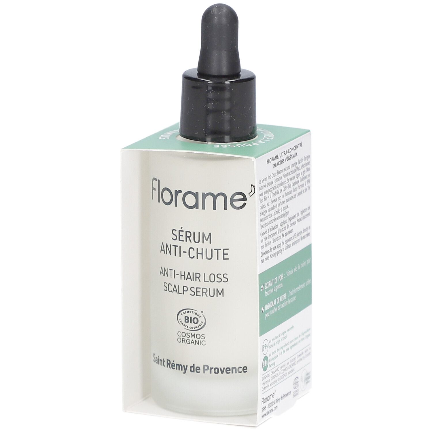 Flacon de sérum avec compte-gouttes et emballage. Inscription : Sérum Anti-Chute, Anti-Hair Loss Scalp Serum, certification bio.