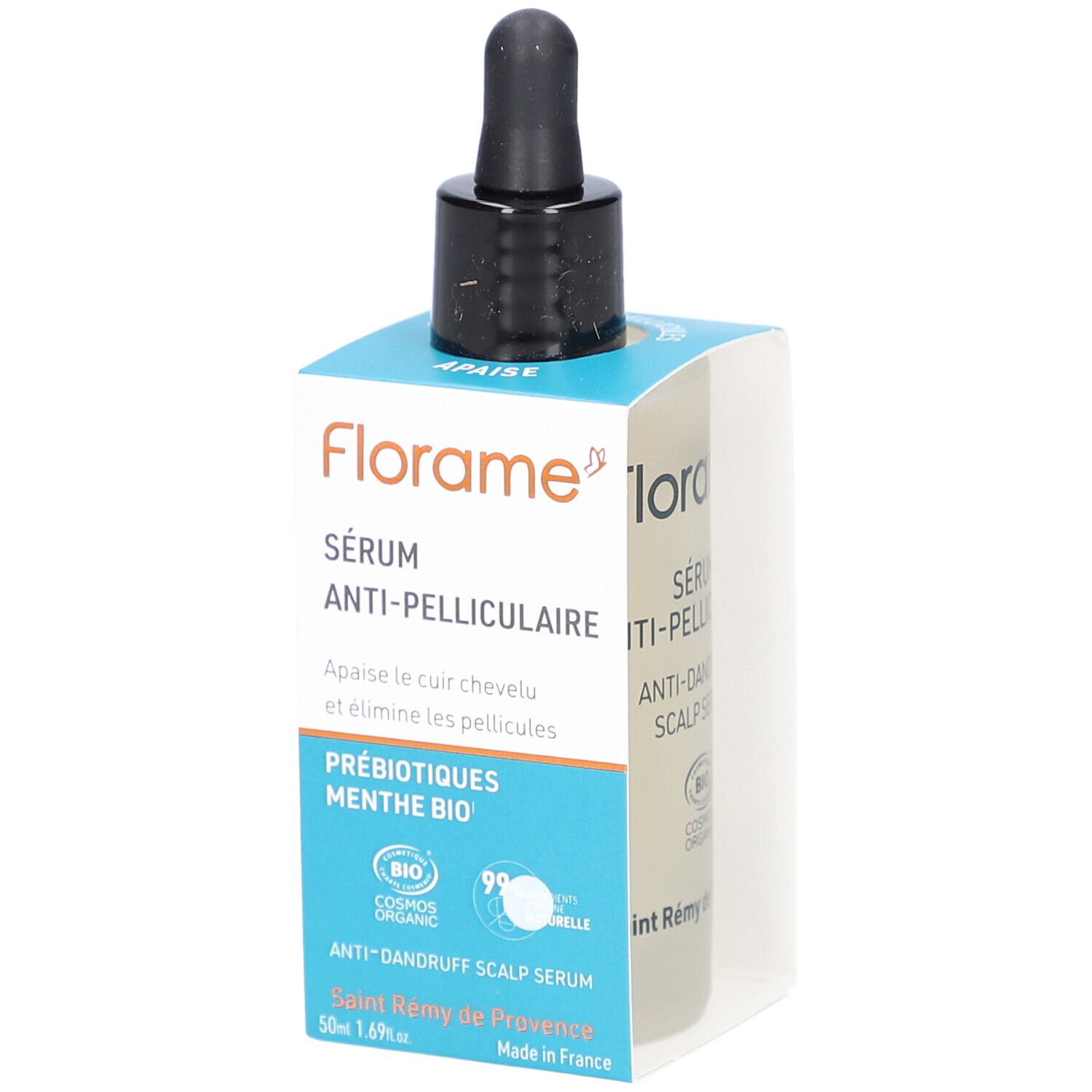 Serumfles met zwarte druppelaar in verpakking. Opschrift: Florame, Sérum Anti-Pelliculaire, Anti-Dandruff Scalp Serum.