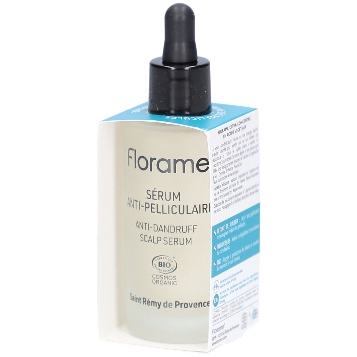 Serumfles met zwarte druppelaar in verpakking. Opschrift: Florame, Sérum Anti-Pelliculaire, Anti-Dandruff Scalp Serum.