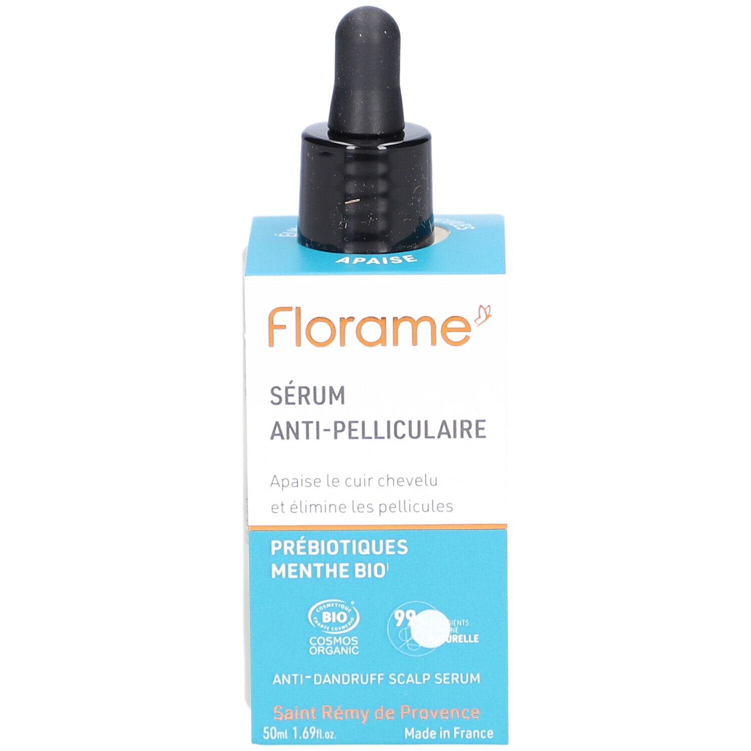 Serumfles met zwarte druppelaar in verpakking. Opschrift: Florame, Sérum Anti-Pelliculaire, Anti-Dandruff Scalp Serum.