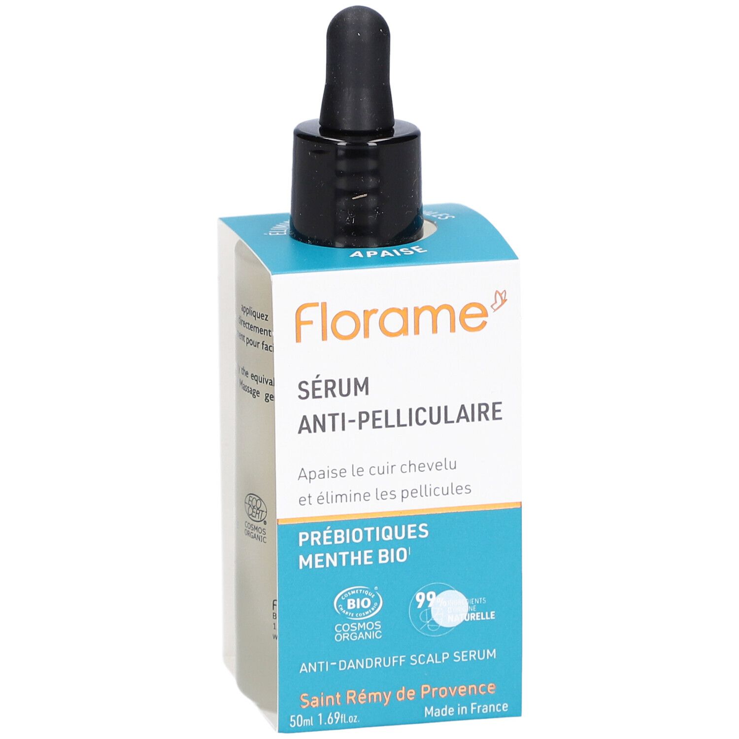 Serumfles met zwarte druppelaar in verpakking. Opschrift: Florame, Sérum Anti-Pelliculaire, Anti-Dandruff Scalp Serum.