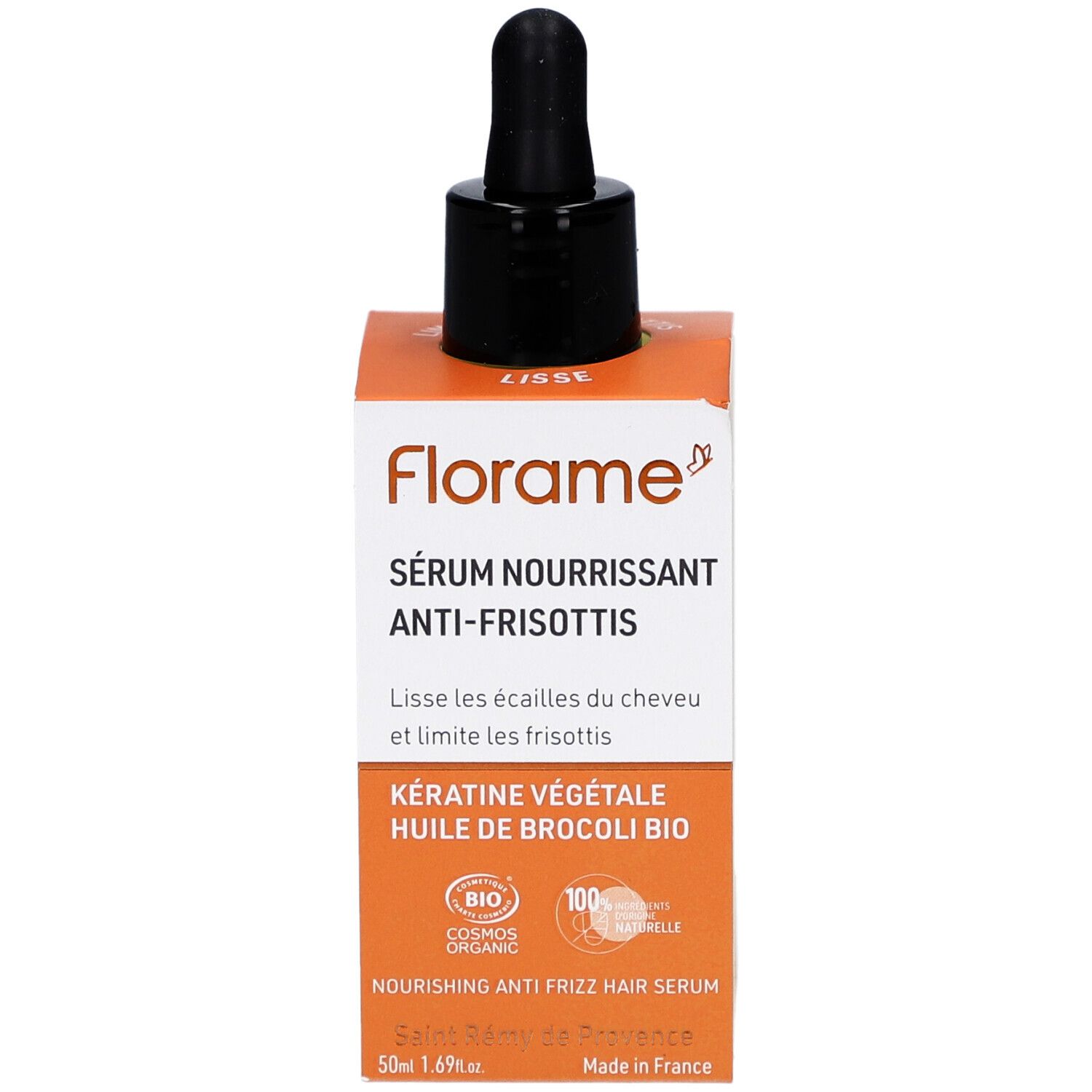 Flacon de sérum avec pipette noire dans une boîte orange. La boîte indique "Sérum Nourrissant Anti-Frisottis".