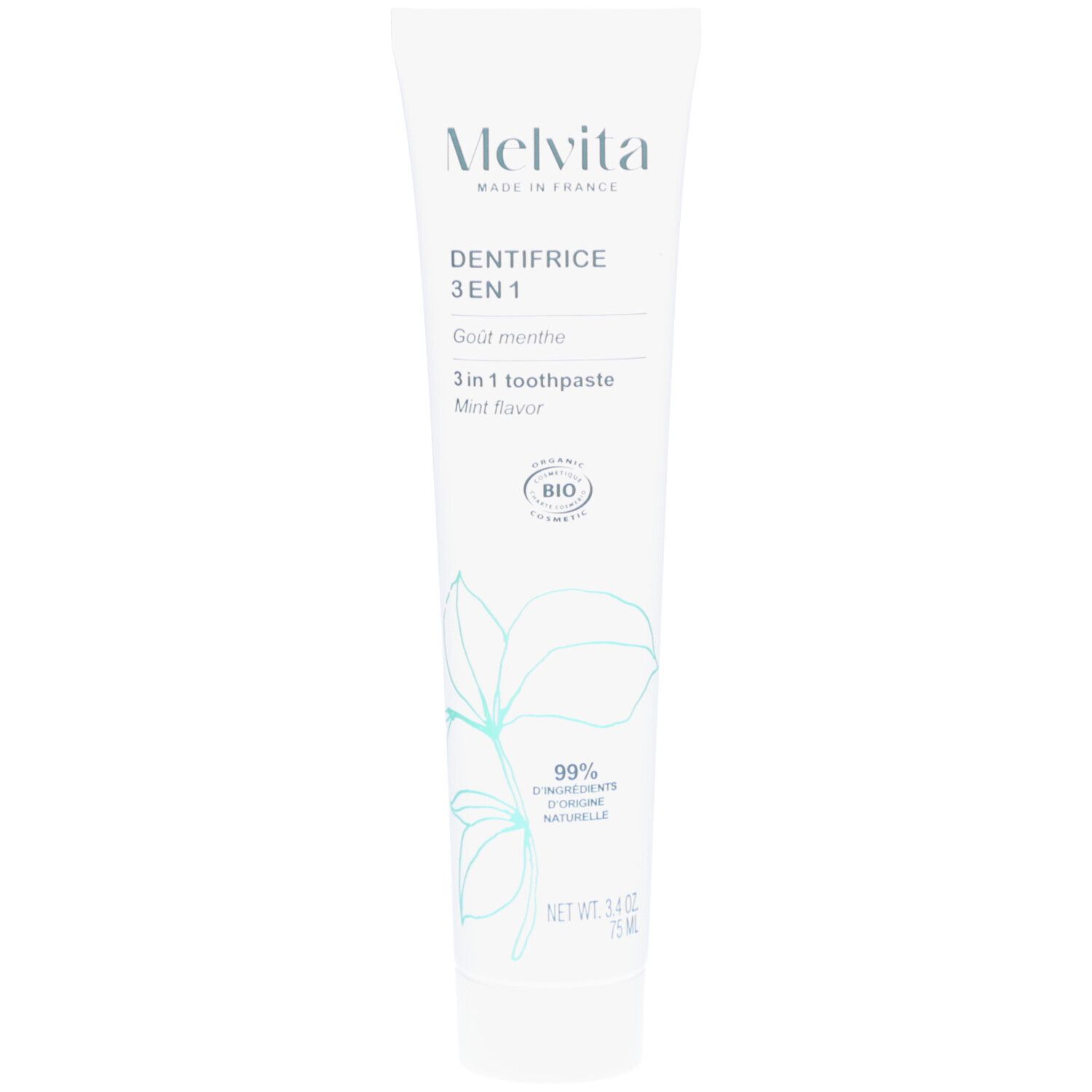 Tube de dentifrice blanc. "Melvita" en haut. "Dentifrice 3 en 1" et "Mint flavor" visibles. Certification bio.