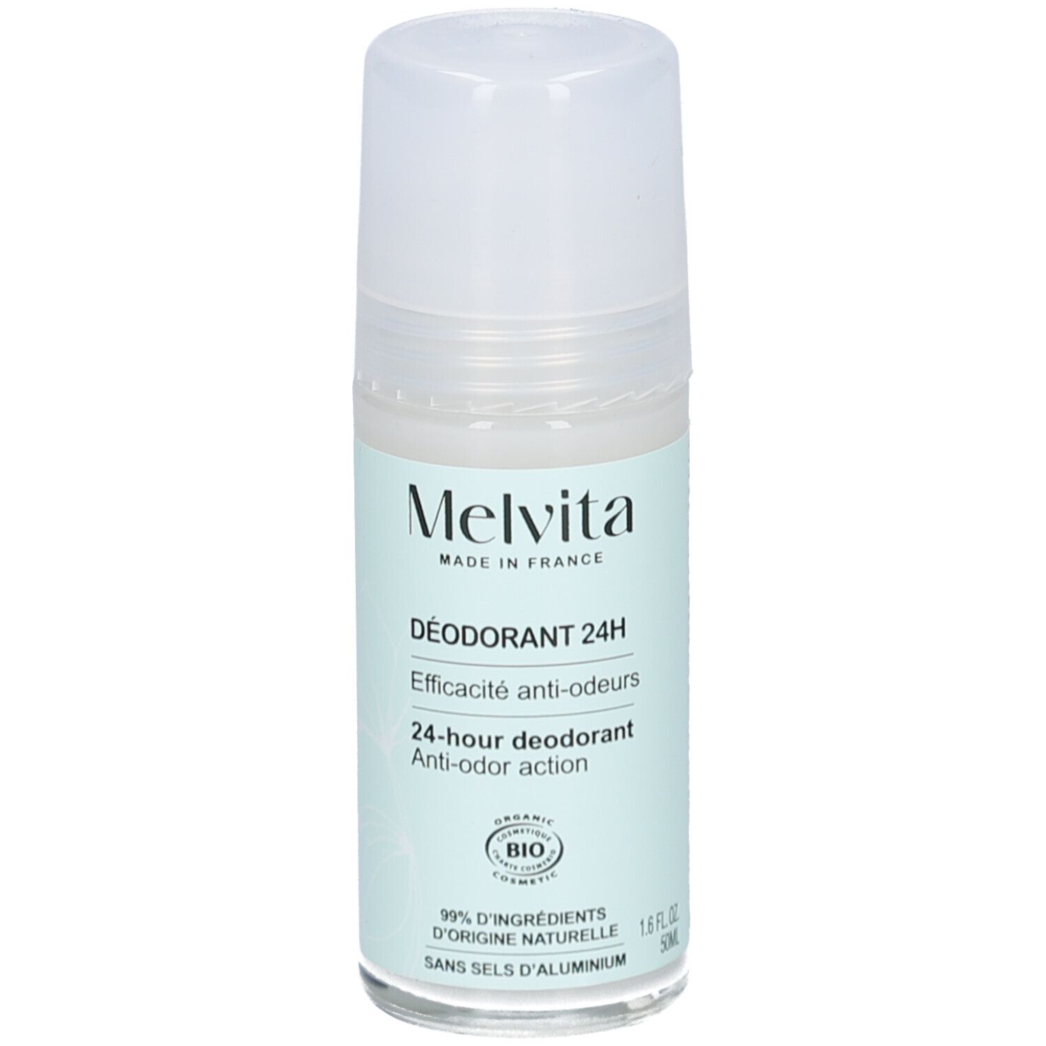 Melvita Deodorant 24H. Roll-on fles met witte dop. Lichtgroen etiket met productinfo en bio-keurmerk.