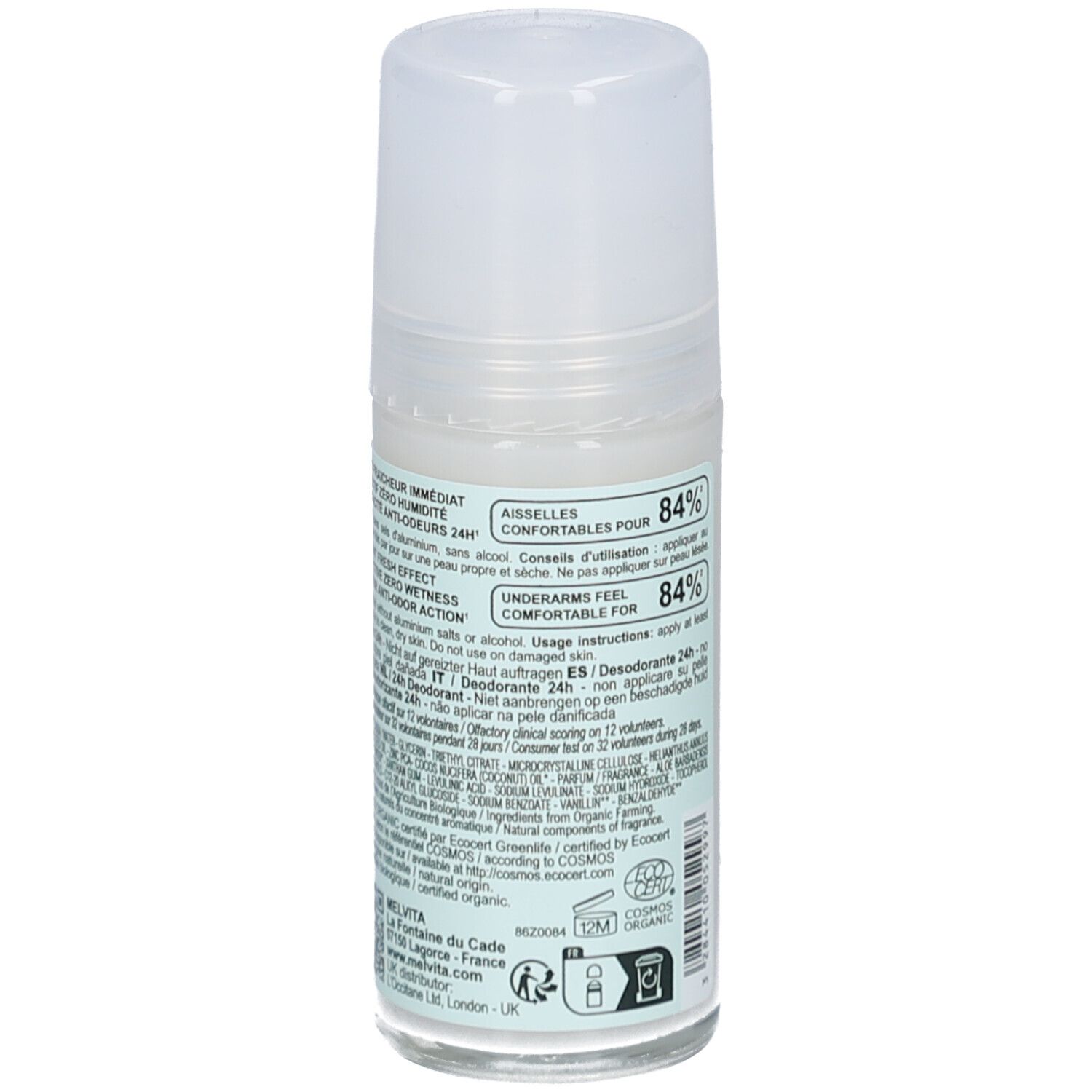 Melvita Deodorant 24H. Achterkant van de fles. Etiket met productinfo, ingrediënten en bio-keurmerk.