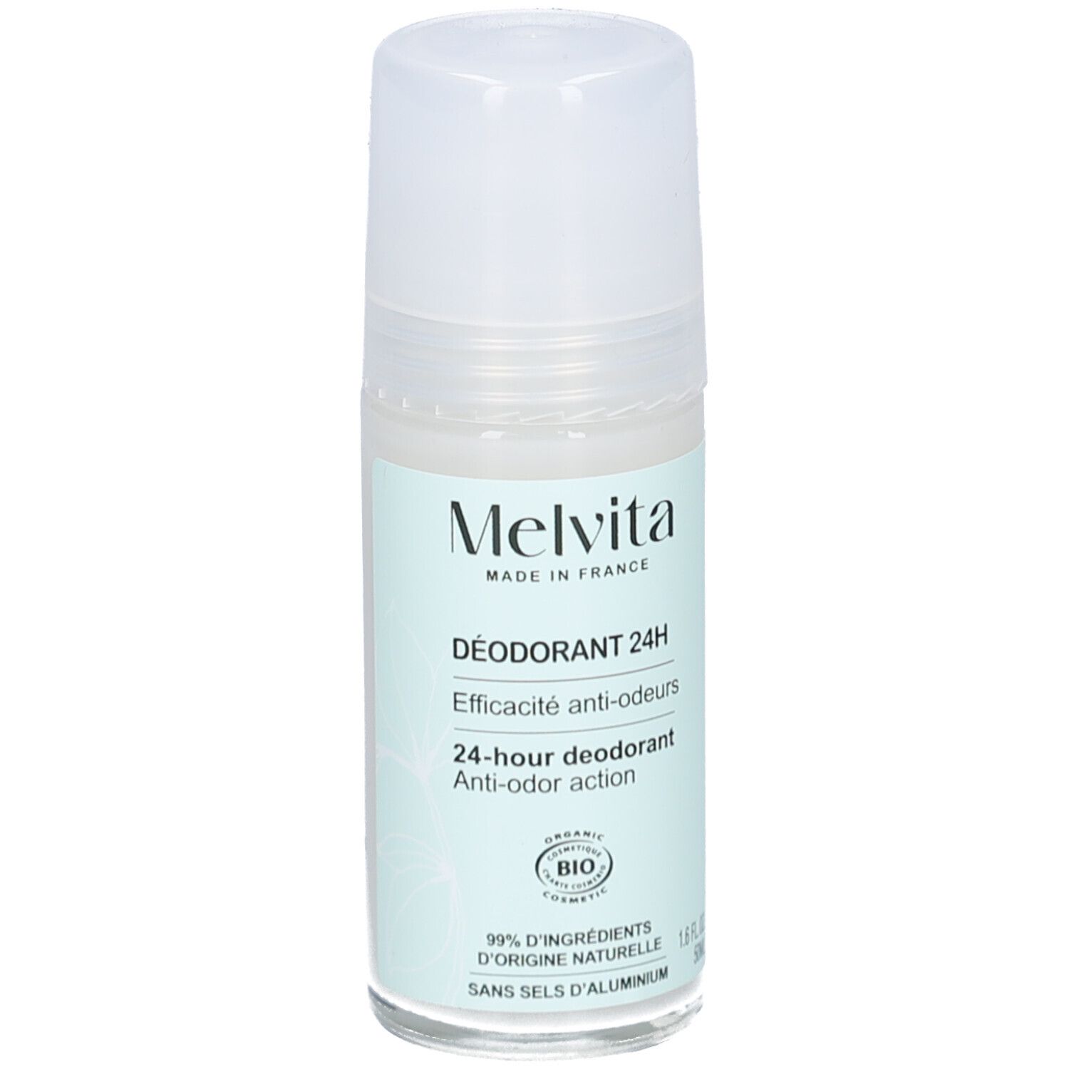 Melvita Deodorant 24H. Roll-on fles met witte dop. Lichtgroen etiket met productinfo en bio-keurmerk.