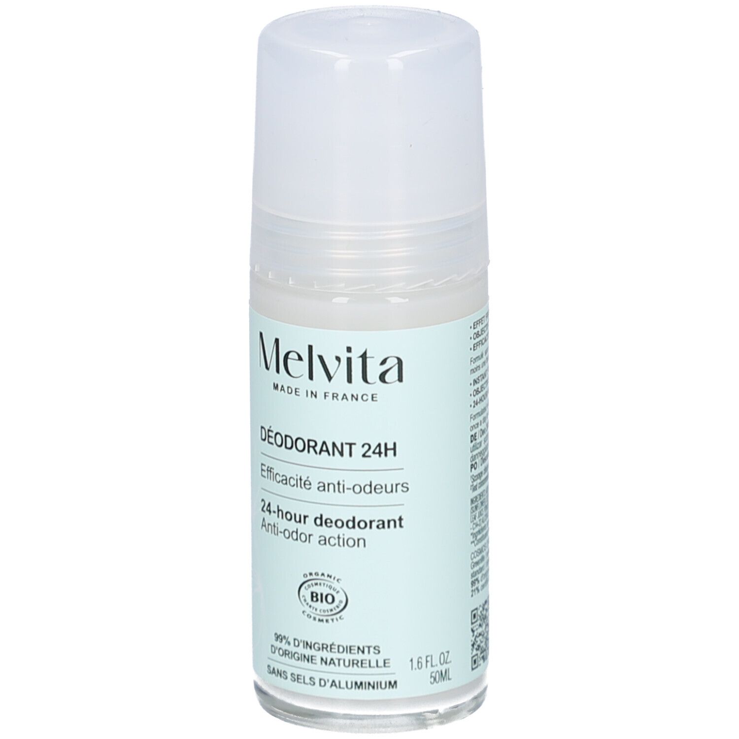 Melvita Deodorant 24H. Roll-on fles met witte dop. Lichtgroen etiket met productinfo en bio-keurmerk.