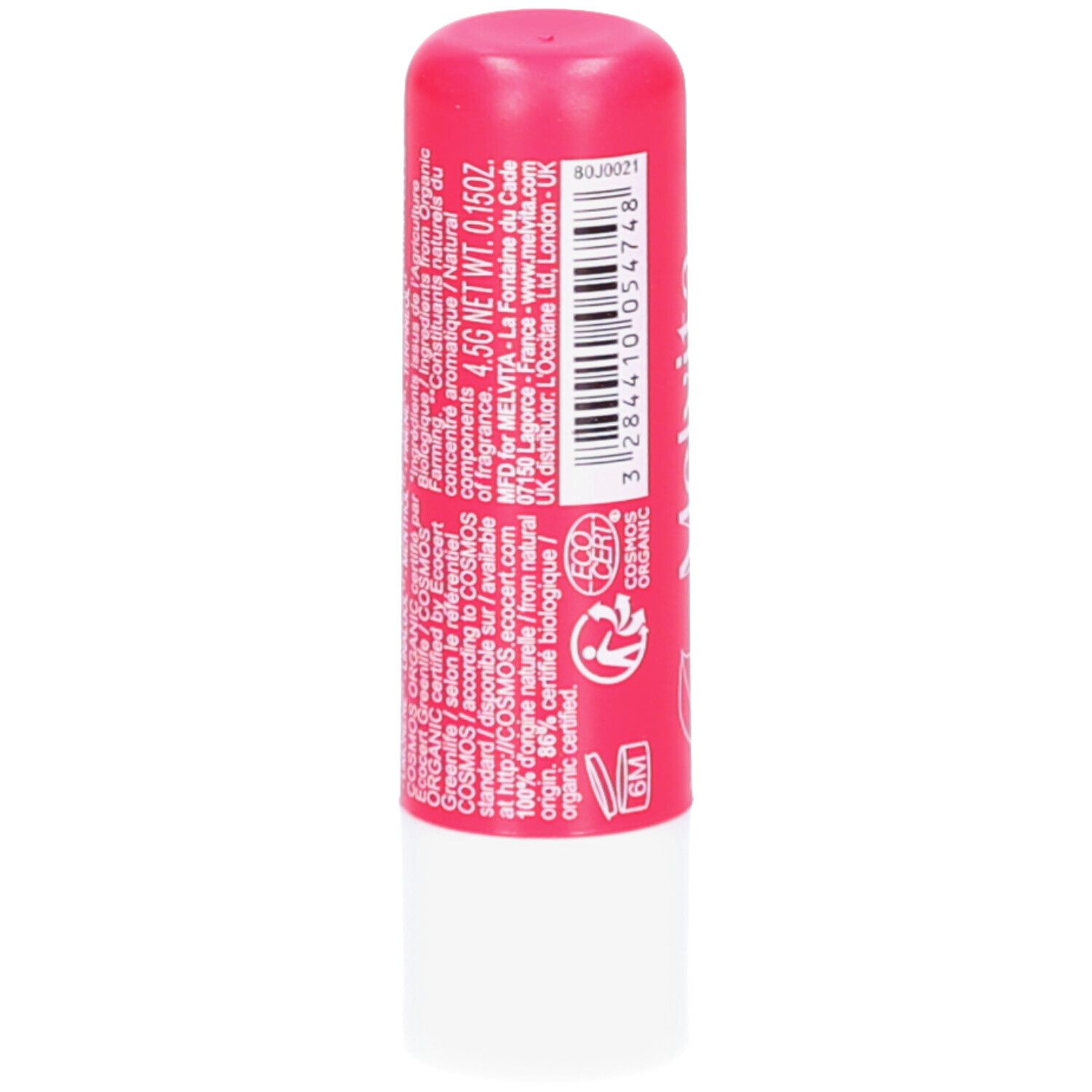 Stick lèvres. Dos avec ingrédients et certifications. Inscription: COSMOS ORGANIC, 4.5g NET WT. 0.15oz.