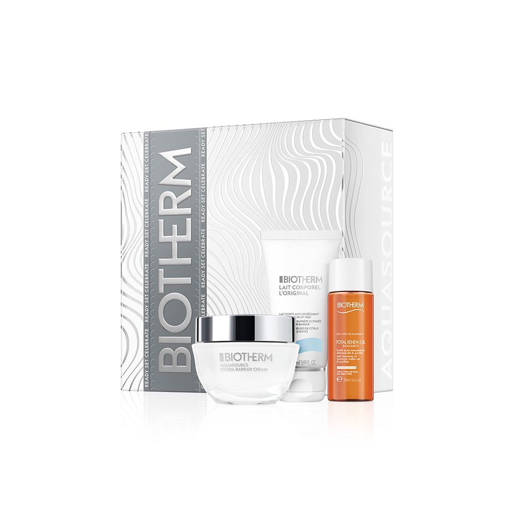 BIOTHERM geschenkset met crème, lotion en olie. Witte verpakking met zilveren accenten. Producten zichtbaar.