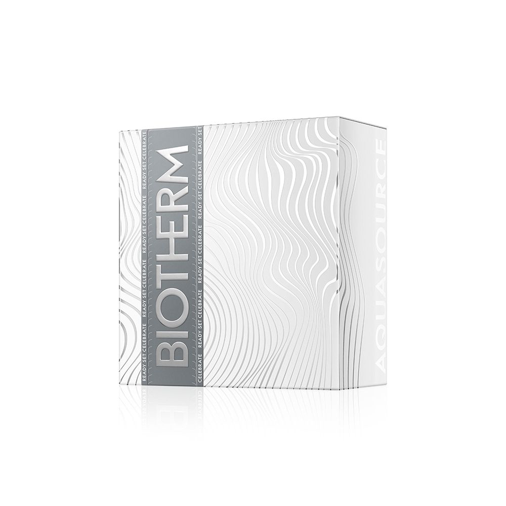 BIOTHERM geschenkdoos, wit met zilver golfpatroon. BIOTHERM logo en AQUASOURCE tekst.