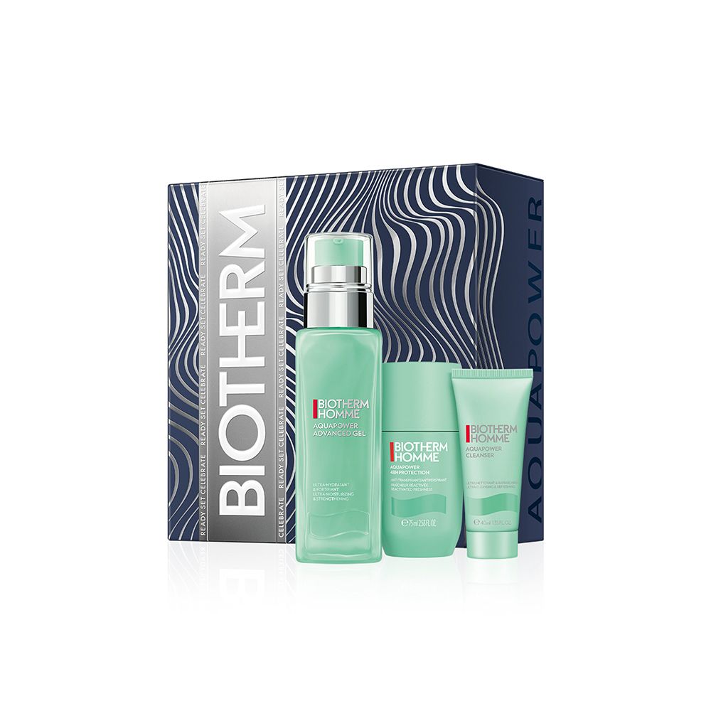 Coffret cadeau avec trois produits. Logo BIOTHERM et noms de produits visibles. Emballage à motifs ondulés.