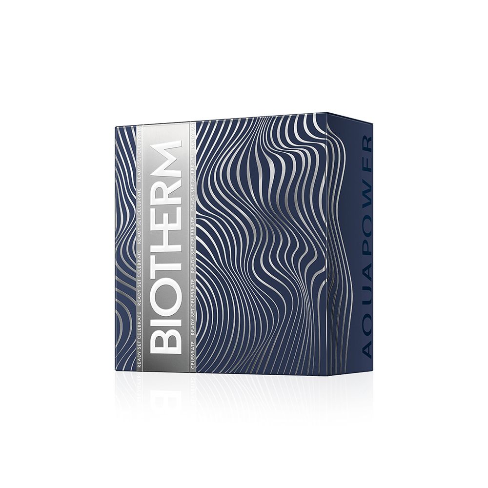 Boîte cadeau bleu foncé avec logo BIOTHERM argenté. Motif ondulé sur l'emballage.