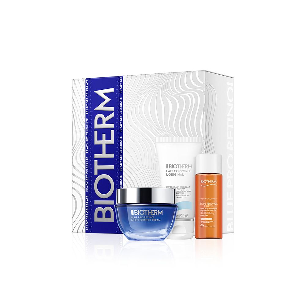 Coffret cadeau BIOTHERM. Contient crème, lotion et huile dans une boîte blanche avec accent bleu. Logo BIOTHERM visible.