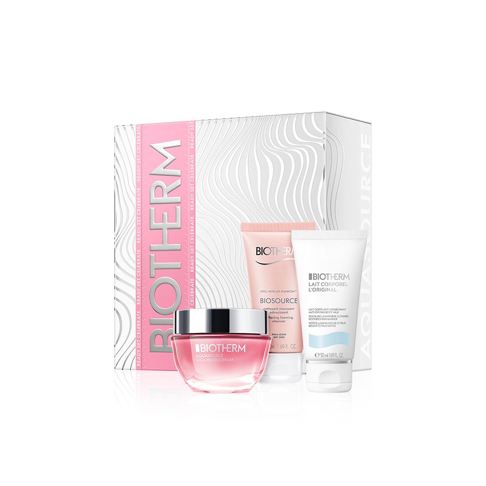 Coffret cadeau avec crème et tubes. Logo BIOTHERM et noms de produits visibles. Emballage rose et argenté.