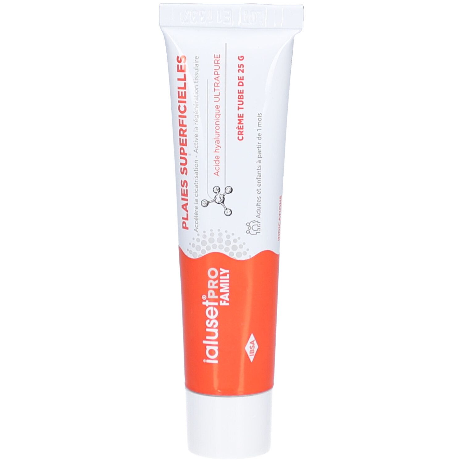 Tube IalusetPRO FAMILY, wit-oranje. Tekst: Plaies Superficelles, Acide hyaluronique, Crème Tube de 25 G.
