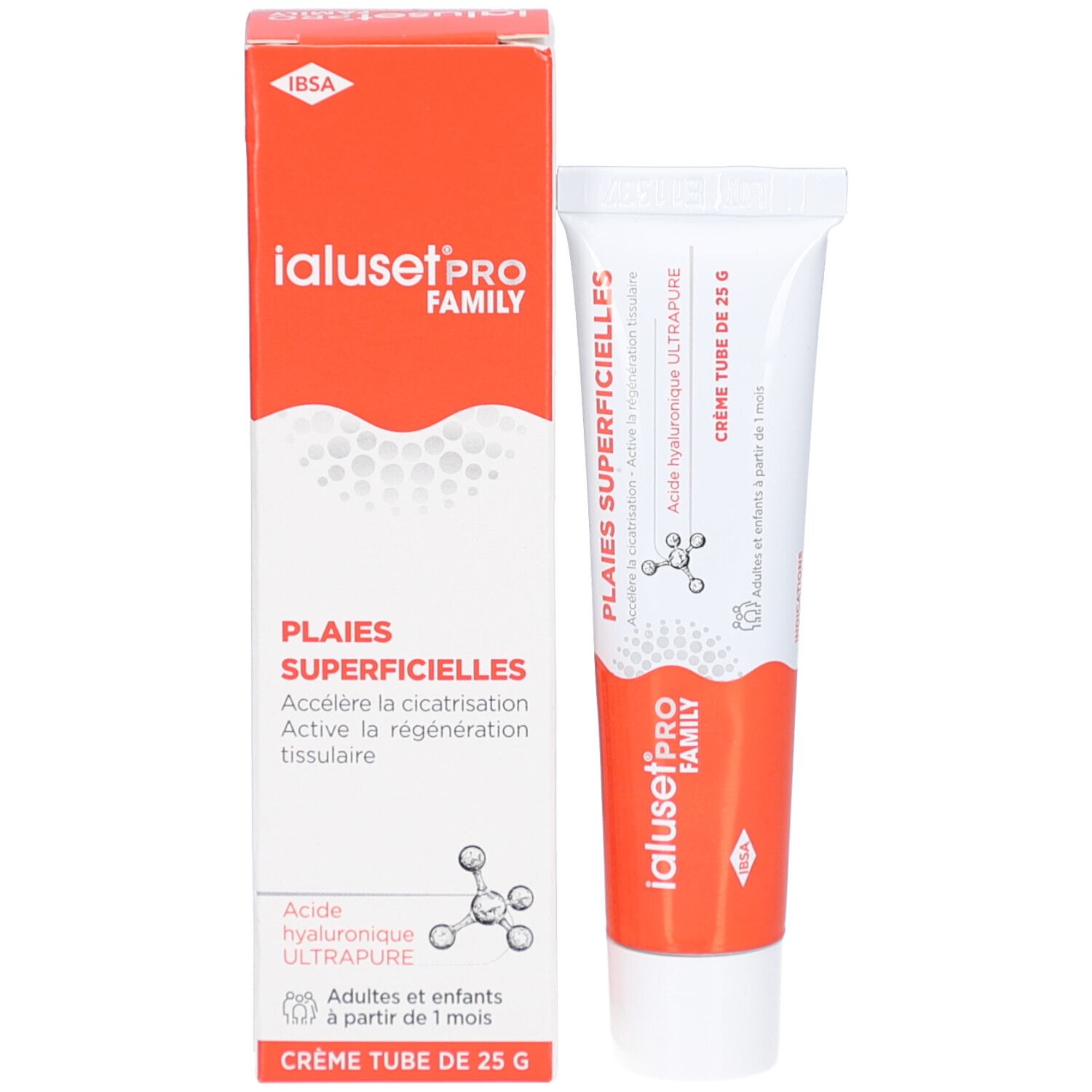 Verpakking en tube IalusetPRO FAMILY. Tekst: Plaies Superficelles, Acide hyaluronique, Crème Tube de 25 G.