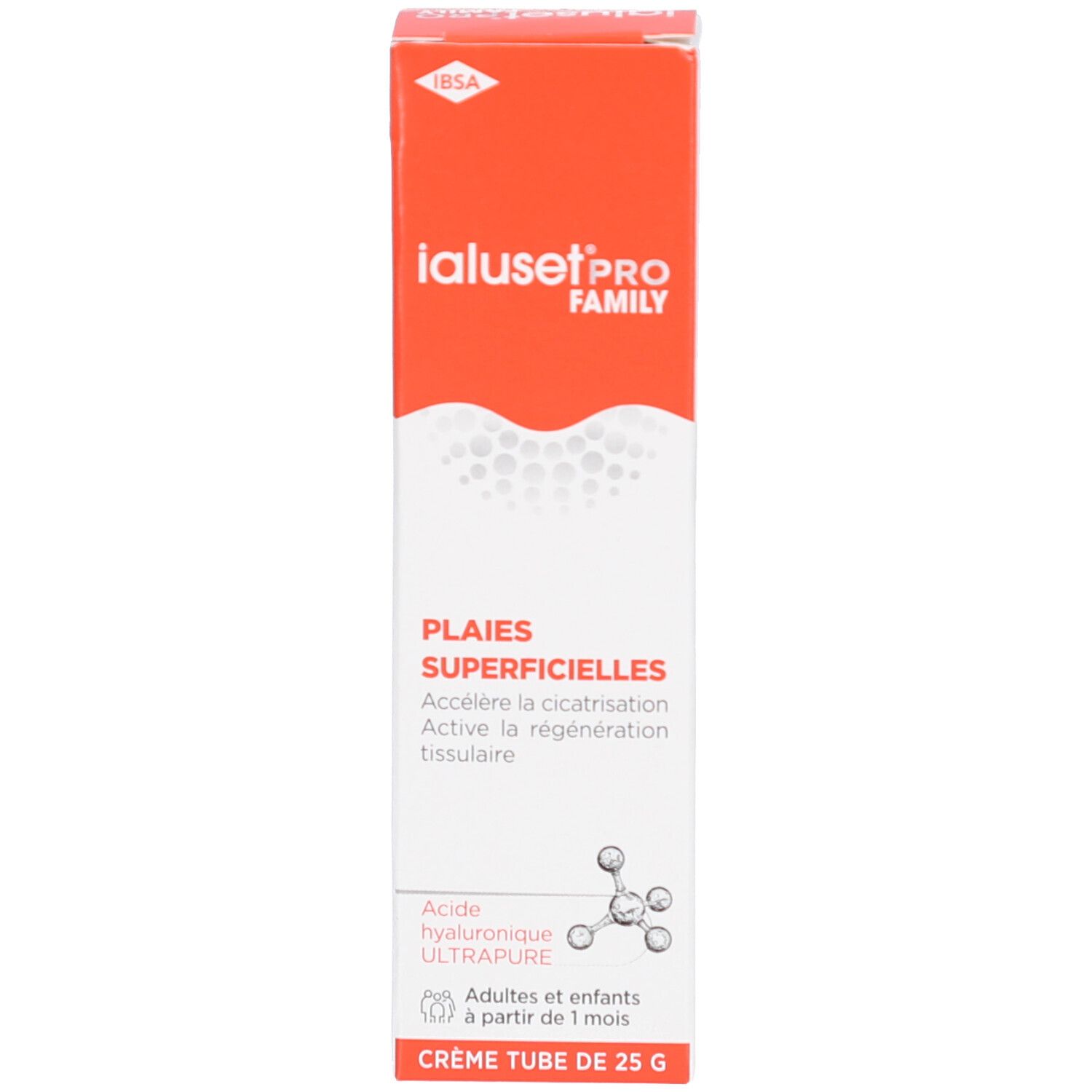 Verpakking IalusetPRO FAMILY. Tekst: Plaies Superficelles, Acide hyaluronique, Crème Tube de 25 G.