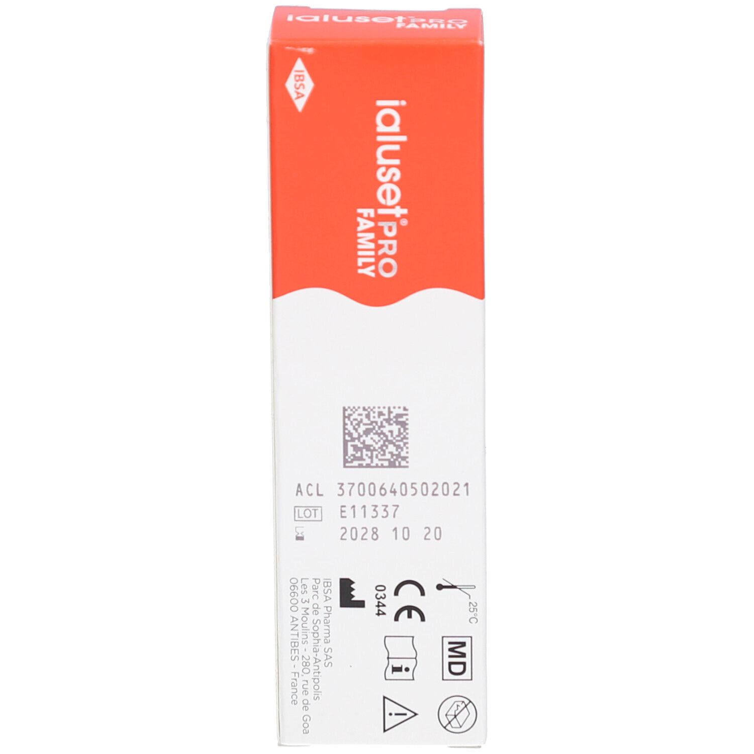 Achterkant van de IalusetPRO FAMILY verpakking. Tekst: Lotnummer, vervaldatum, CE-markering, MD-teken.