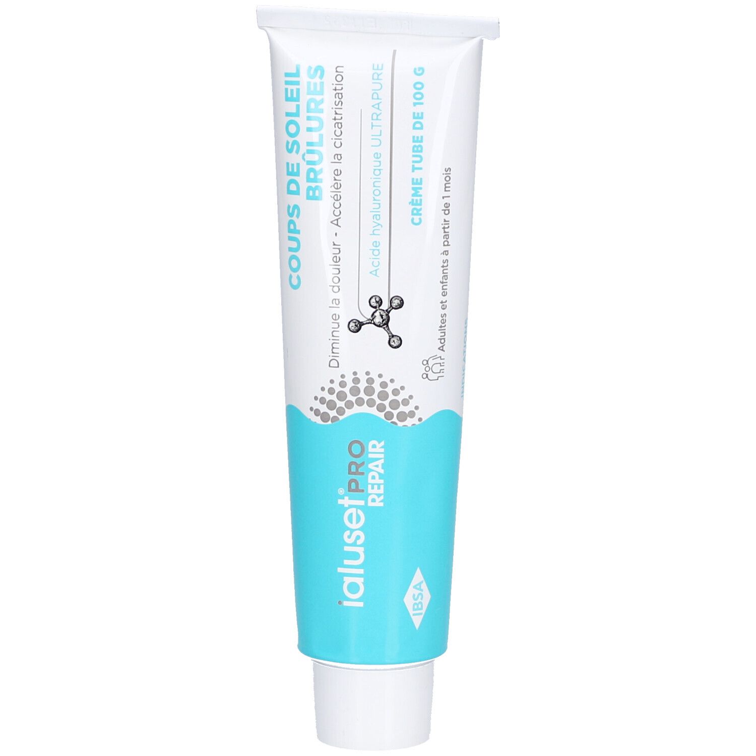 Tube blanc et bleu. Inscription: COUPS DE SOLEIL BRÛLURES, IALUSETPRO REPAIR. Contient de l'acide hyaluronique. Pour adultes et enfants dès 1 mois.