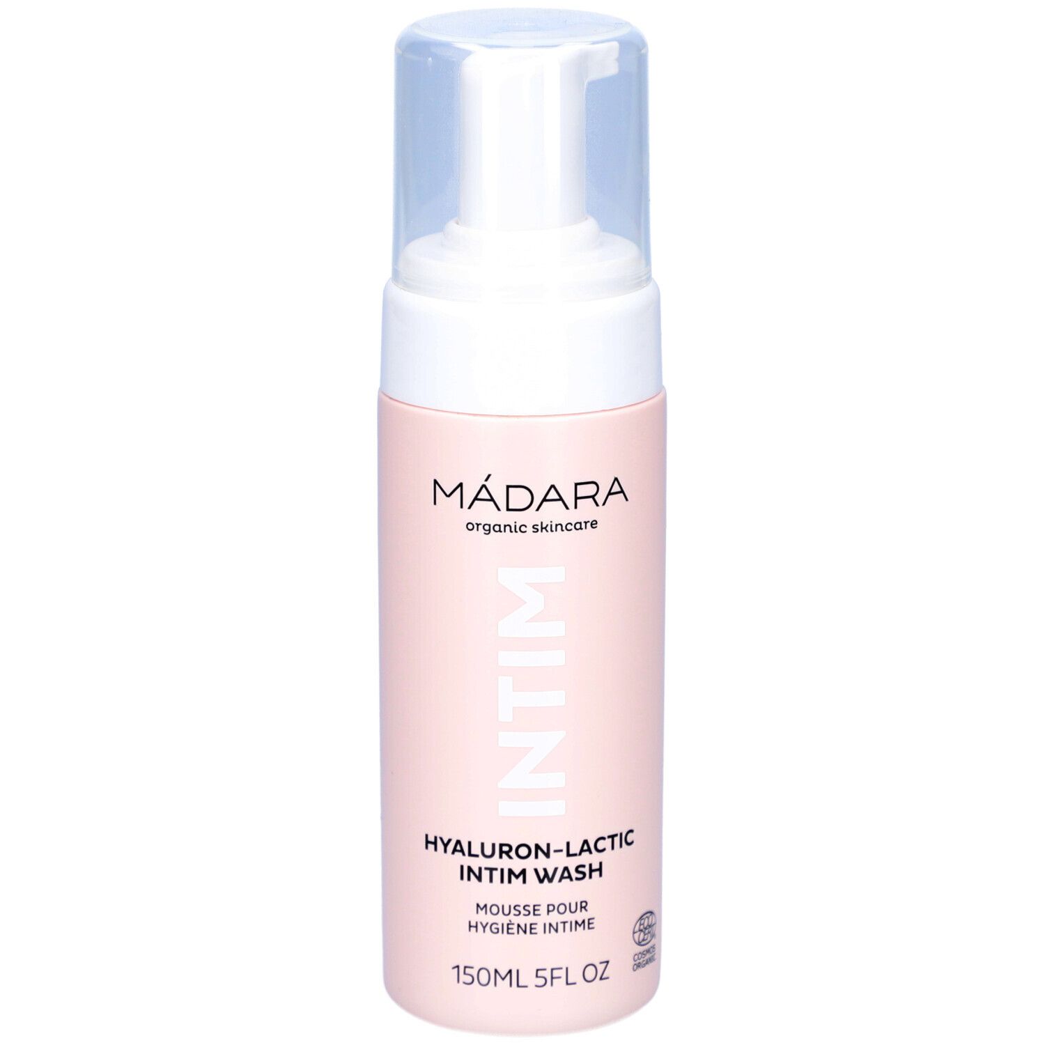 Flacon rose avec pompe blanche. Inscription: MÁDARA, Intim, Hyaluron-Lactic Intim Wash. 150ml.