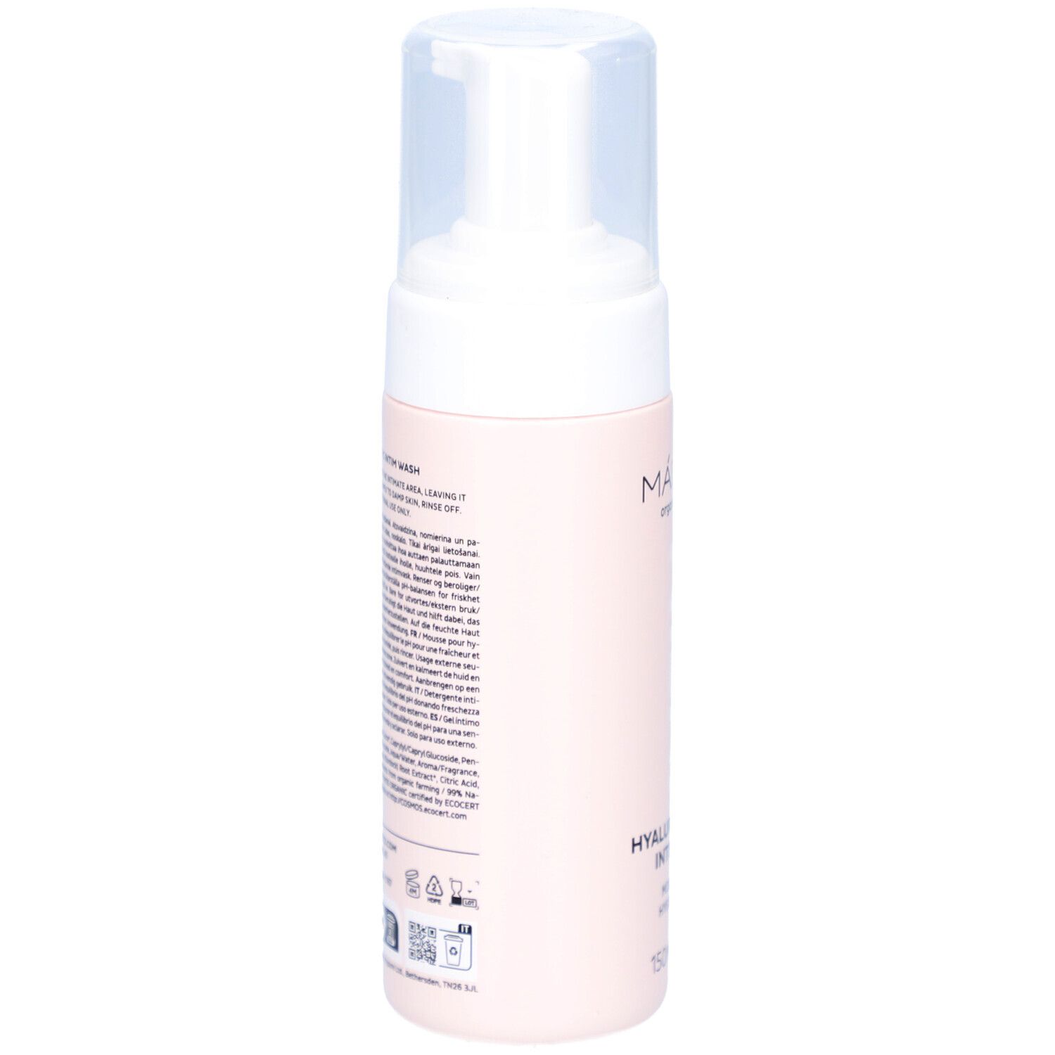 Flacon rose avec pompe blanche. Texte au dos. Informations sur le produit et ingrédients.