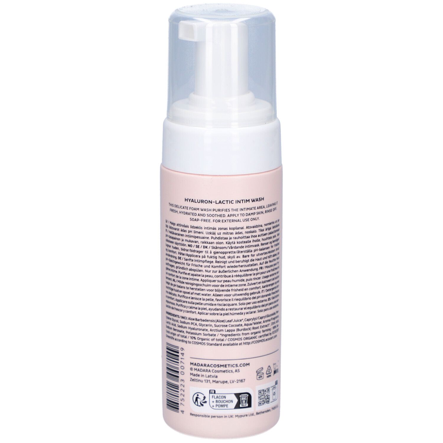Flacon rose avec pompe blanche. Dos avec informations et ingrédients du produit.
