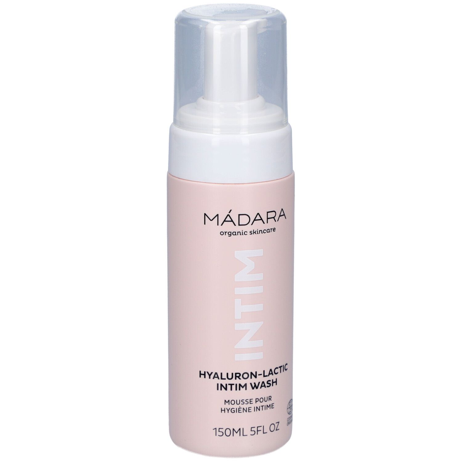 Flacon rose avec pompe blanche. Inscription: MÁDARA, Intim, Hyaluron-Lactic Intim Wash. 150ml.