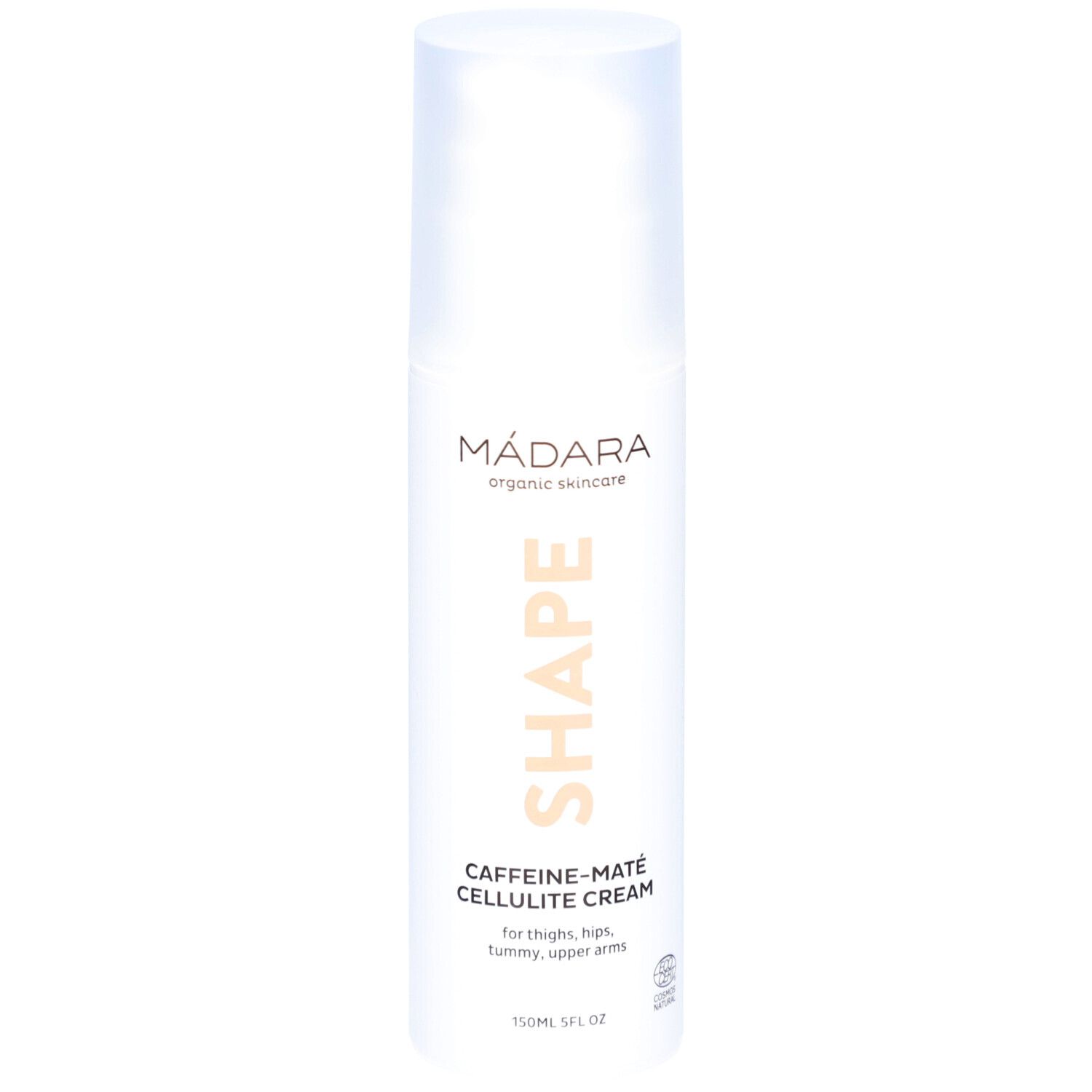 Witte fles met SHAPE, Caffeine-Maté Cellulite Cream. Merk Mádara. 150ml.