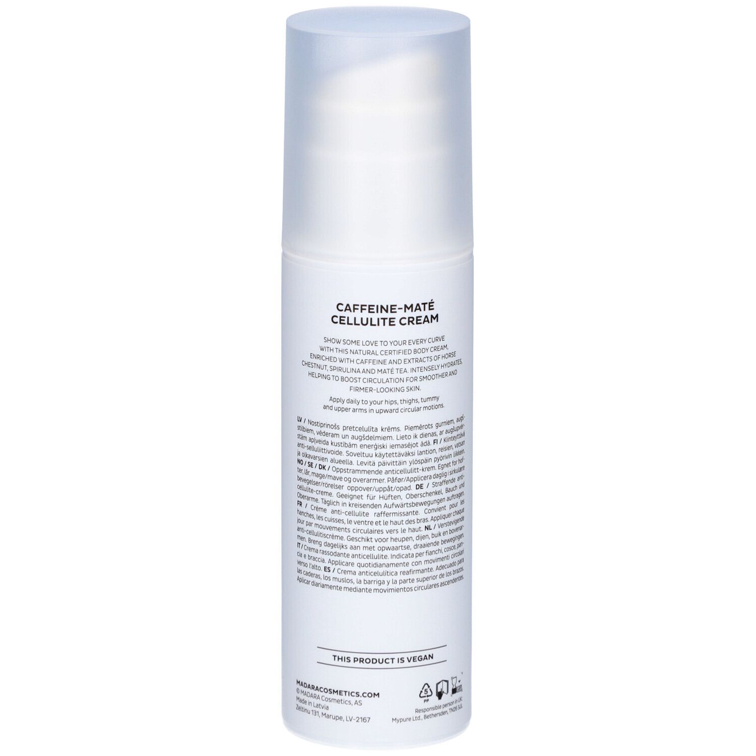Witte fles met tekst. Caffeine-Maté Cellulite Cream. Merk Mádara. Meertalige tekst.