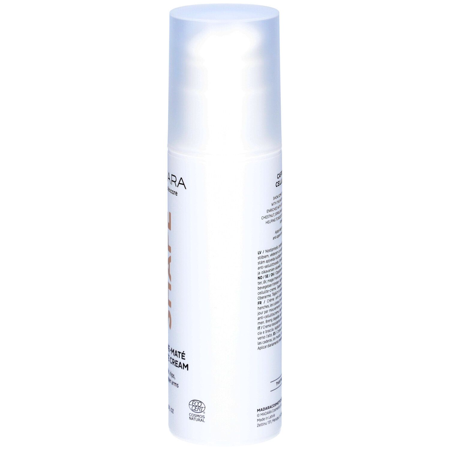 Witte fles met tekst. Caffeine-Maté Cellulite Cream. Merk Mádara. Meertalige tekst.