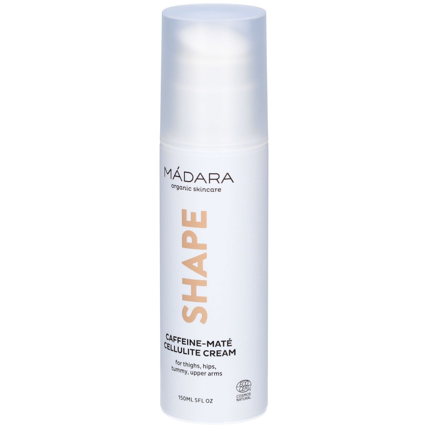 Witte fles met SHAPE, Caffeine-Maté Cellulite Cream. Merk Mádara. 150ml.