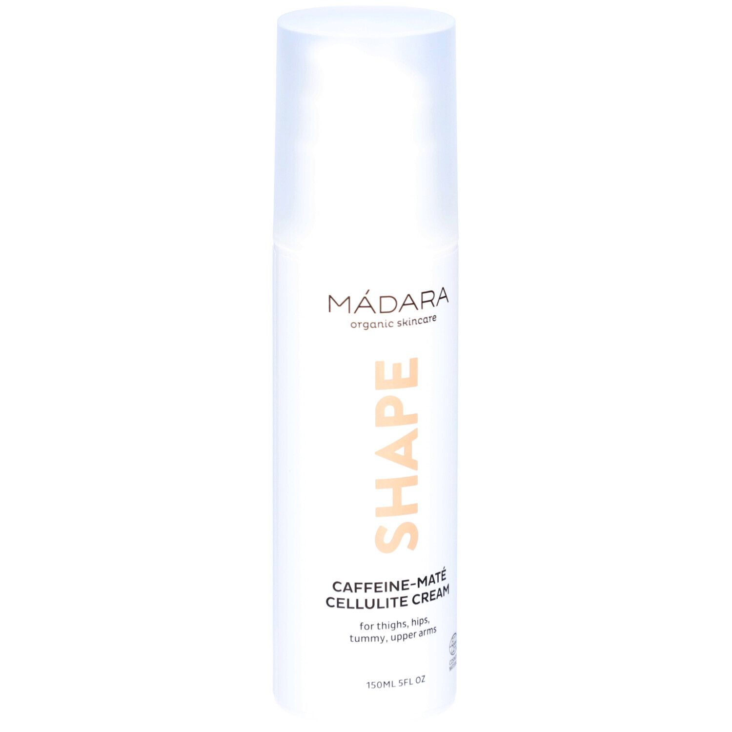Witte fles met SHAPE, Caffeine-Maté Cellulite Cream. Merk Mádara. 150ml.