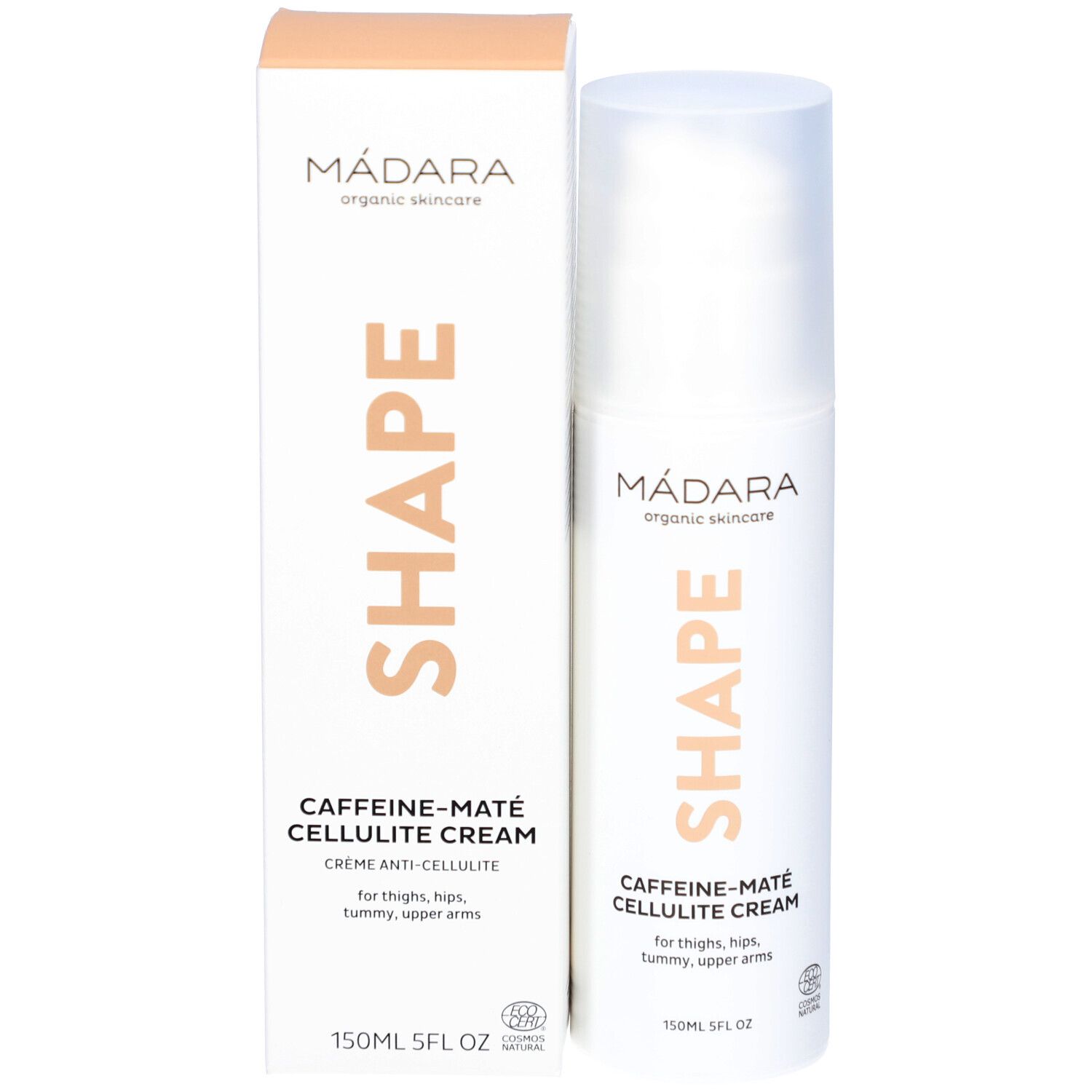Productverpakking met fles. SHAPE, Caffeine-Maté Cellulite Cream. Merk Mádara. 150ml.