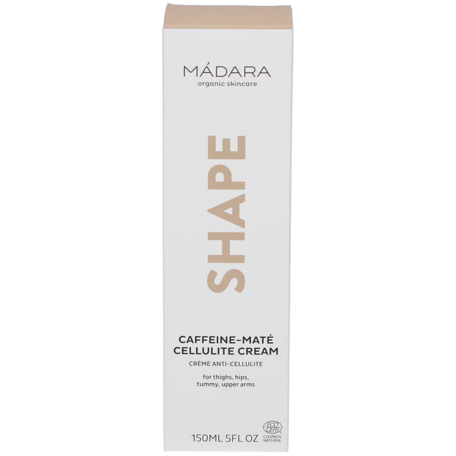 Productverpakking. SHAPE, Caffeine-Maté Cellulite Cream. Merk Mádara. 150ml.