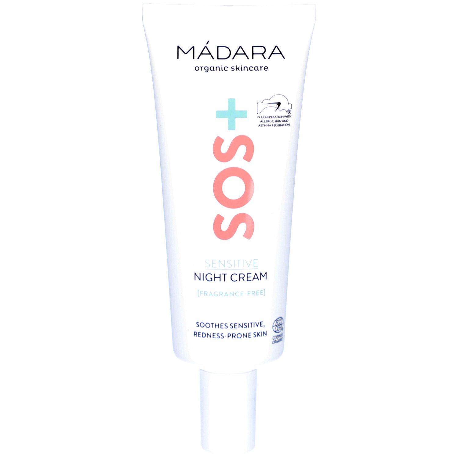 Witte tube met MADARA SOS+ Sensitive Night Cream. Tekst en logo in oranje en turquoise. Certificeringen.