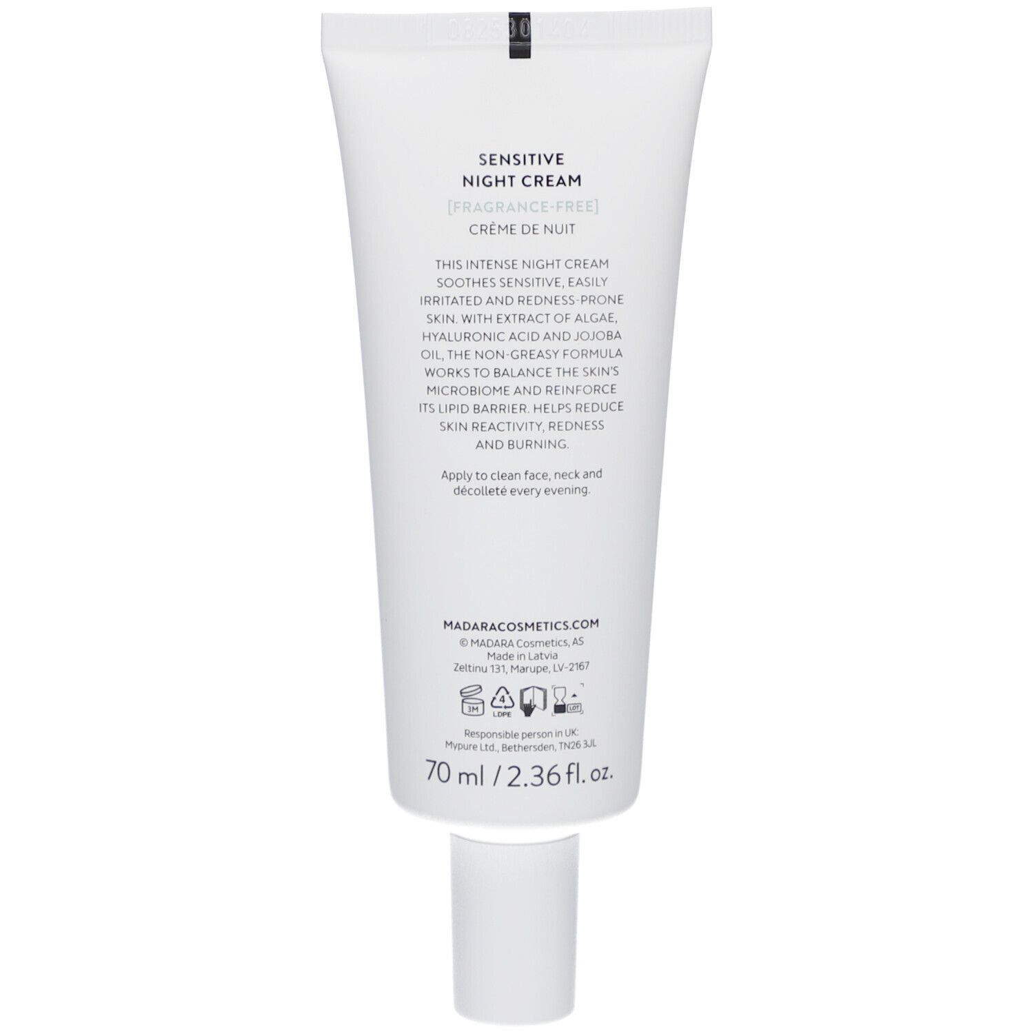 Achterkant van de tube. Tekst met productinformatie en ingrediënten. Logo en contactgegevens.