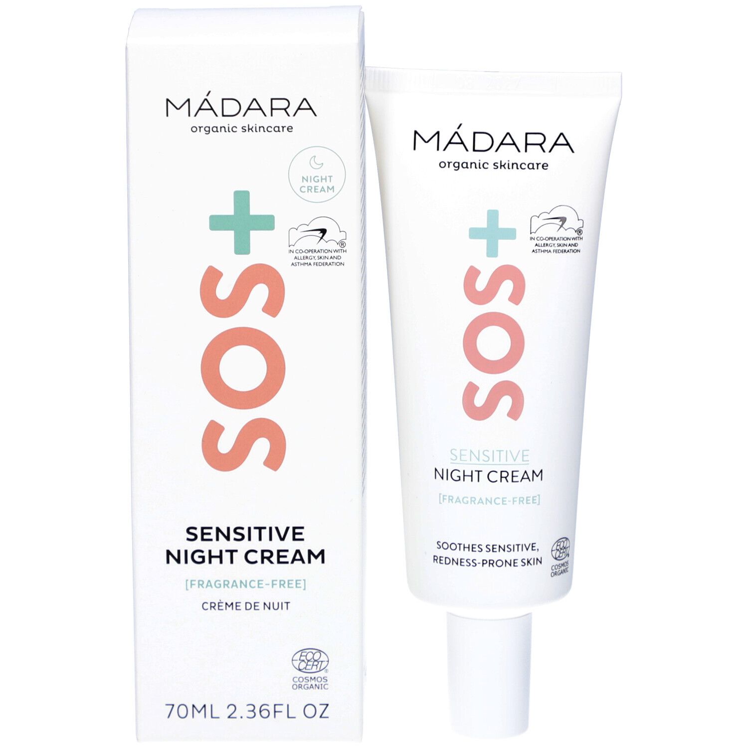 Productverpakking met tube en doos. Beide tonen MADARA SOS+ Sensitive Night Cream. Logo en certificeringen.